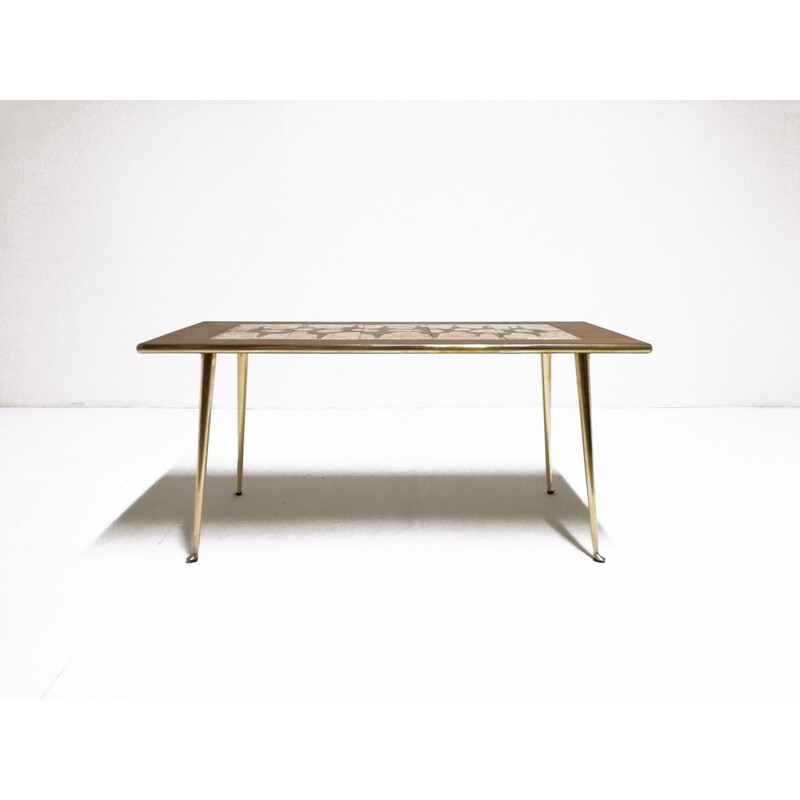 Coffee table made of brass, rosewood and ceramic by C. De Savigny - 1950s