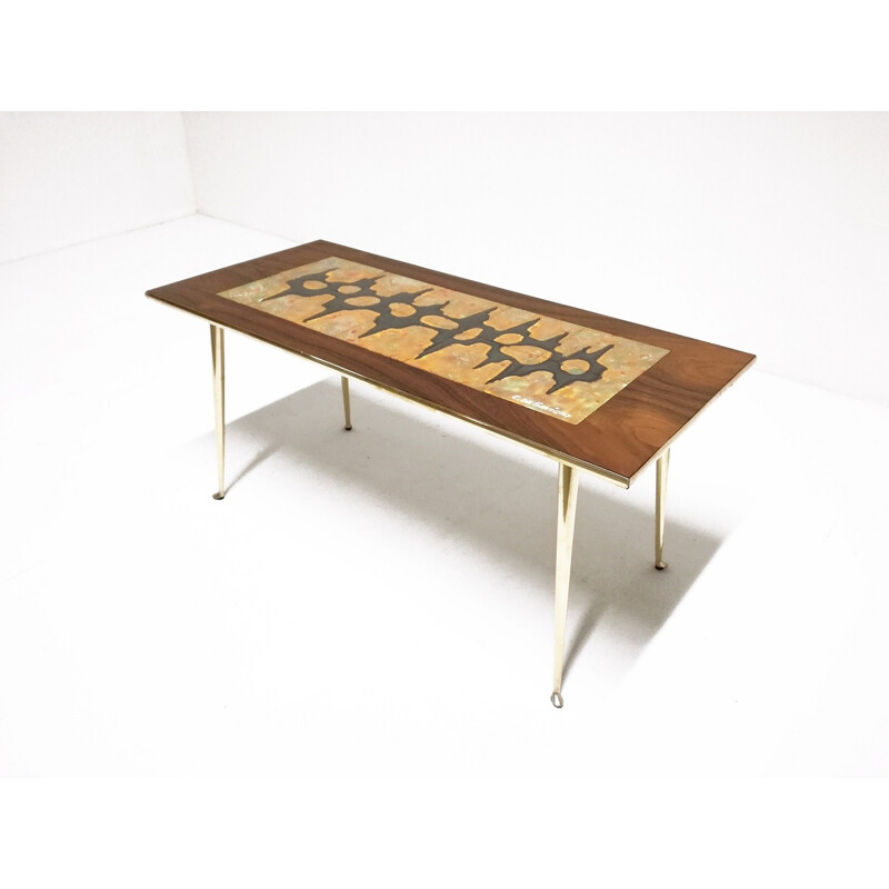 Table basse en laiton, palissandre et céramique par C. De Savigny - 1950