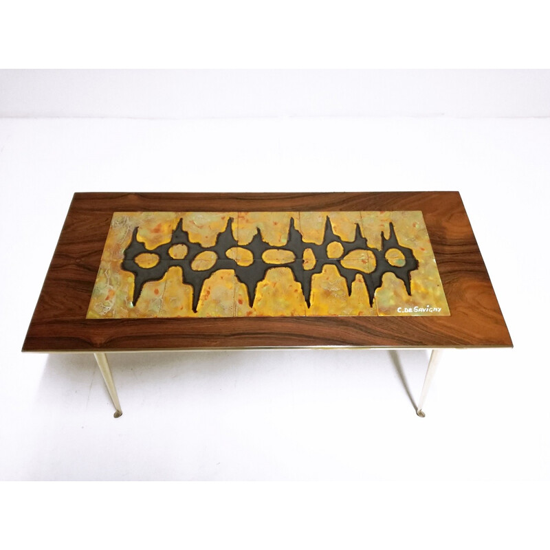 Coffee table made of brass, rosewood and ceramic by C. De Savigny - 1950s