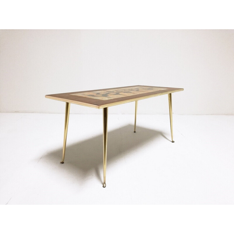 Table basse en laiton, palissandre et céramique par C. De Savigny - 1950