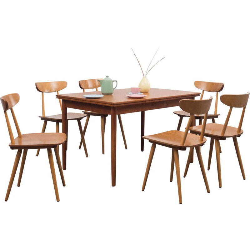 Set of 6 dining chairs in solid beechwood - 1950s