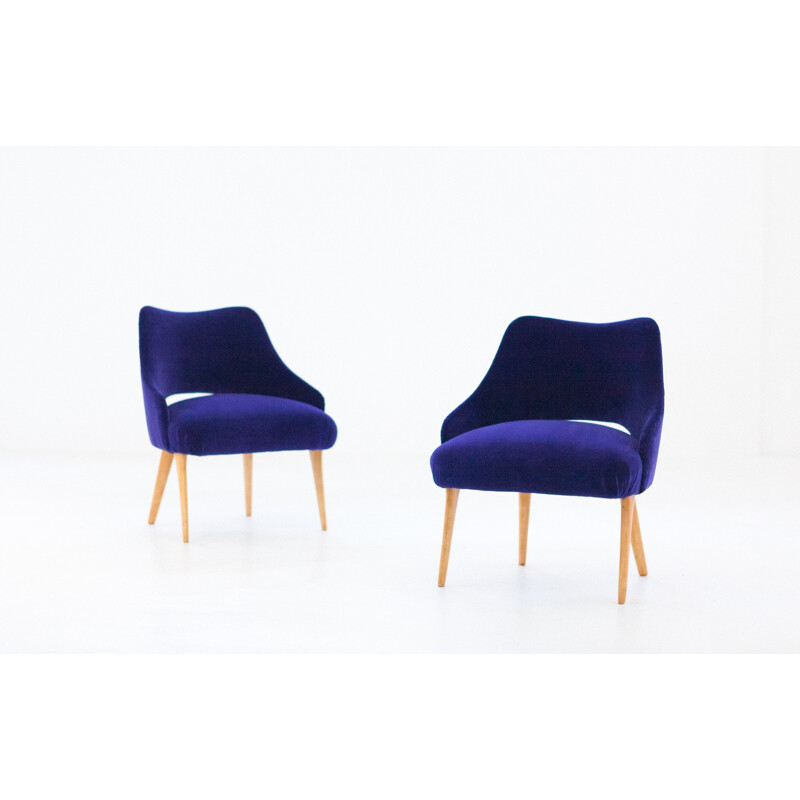 Pair of vintage Italian Easy Chairs in purple velvet - 1950s