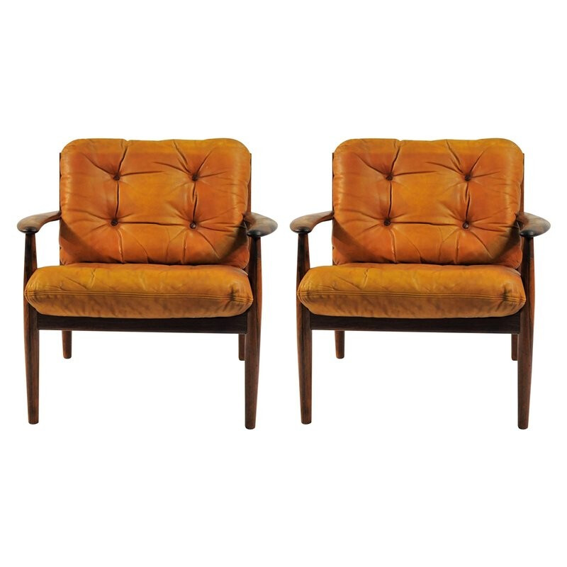 Suite de 2 fauteuils lounge en palissandre et coussins en cuir brun authentique de Grete Jalk - 1960