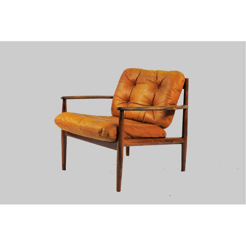 Suite de 2 fauteuils lounge en palissandre et coussins en cuir brun authentique de Grete Jalk - 1960