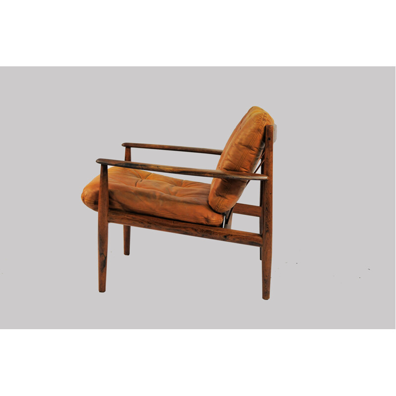 Suite de 2 fauteuils lounge en palissandre et coussins en cuir brun authentique de Grete Jalk - 1960