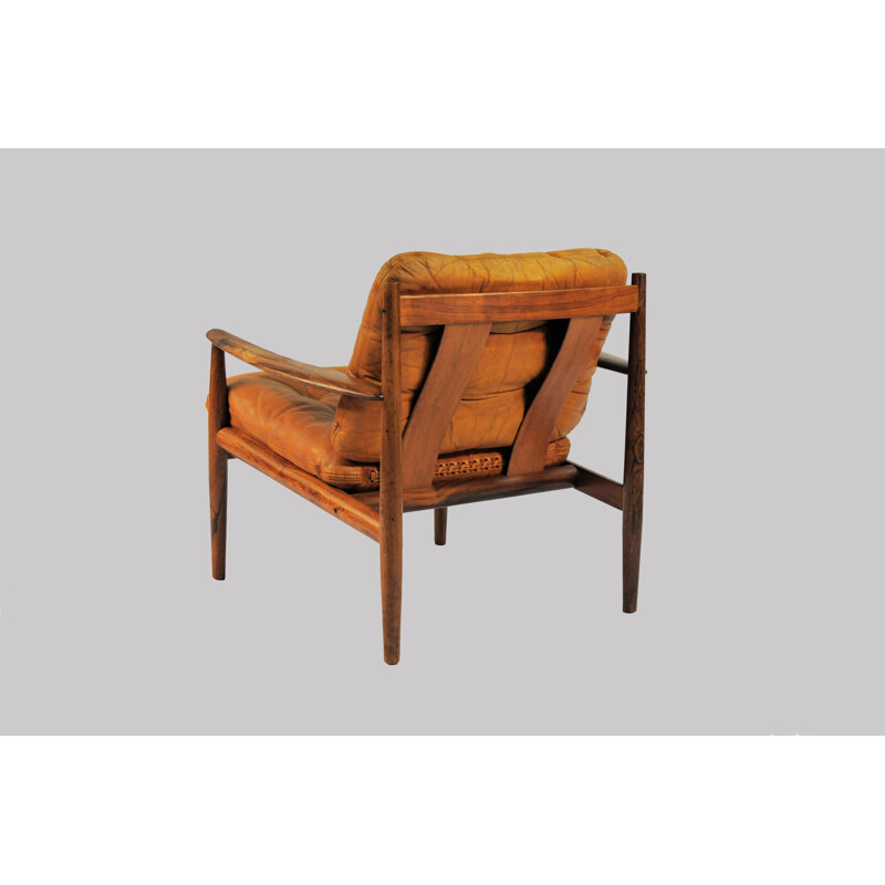 Suite de 2 fauteuils lounge en palissandre et coussins en cuir brun authentique de Grete Jalk - 1960