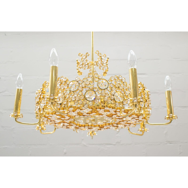 Large Gilt Bronze & Crystal Glass Chandelier for Palwa - 1970s