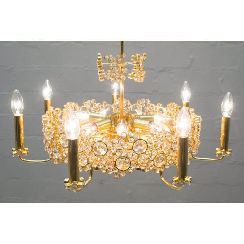 Large Gilt Bronze & Crystal Glass Chandelier for Palwa - 1970s