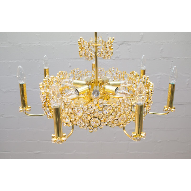 Large Gilt Bronze & Crystal Glass Chandelier for Palwa - 1970s