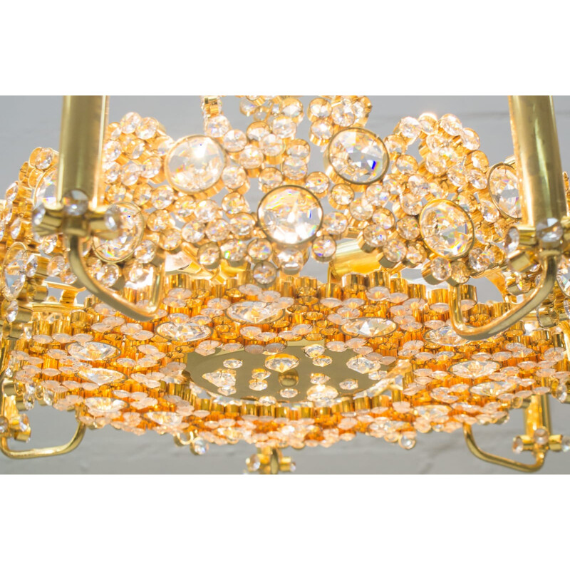 Large Gilt Bronze & Crystal Glass Chandelier for Palwa - 1970s