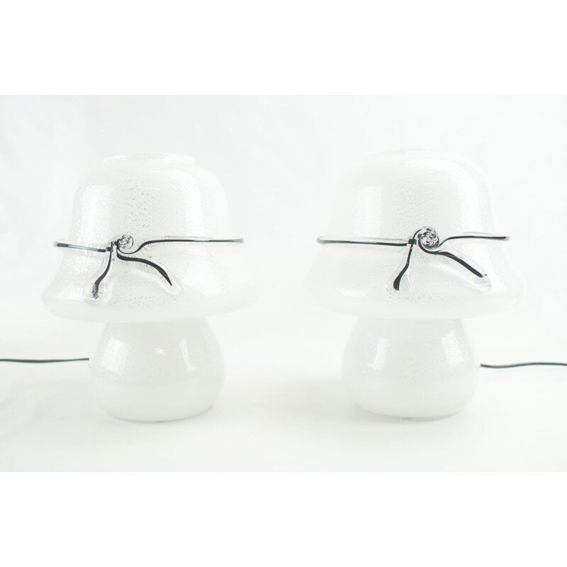 Pair of vintage murano glass table lamps with silver leaf inclusions, 1960