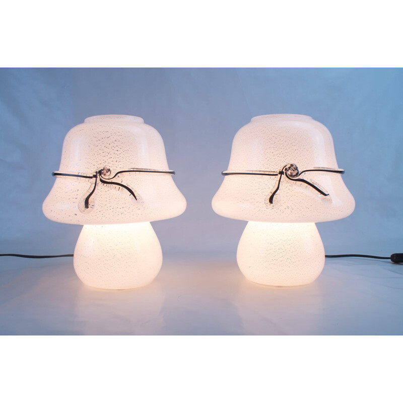 Pair of vintage murano glass table lamps with silver leaf inclusions, 1960