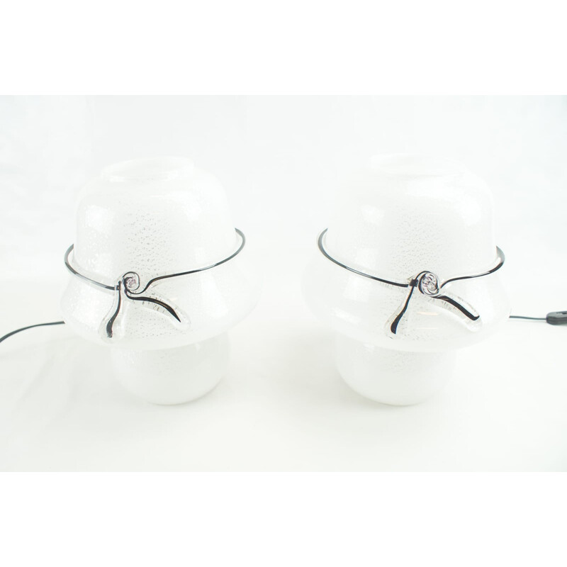 Paar vintage murano glazen tafellampen met bladzilver insluitsels, 1960