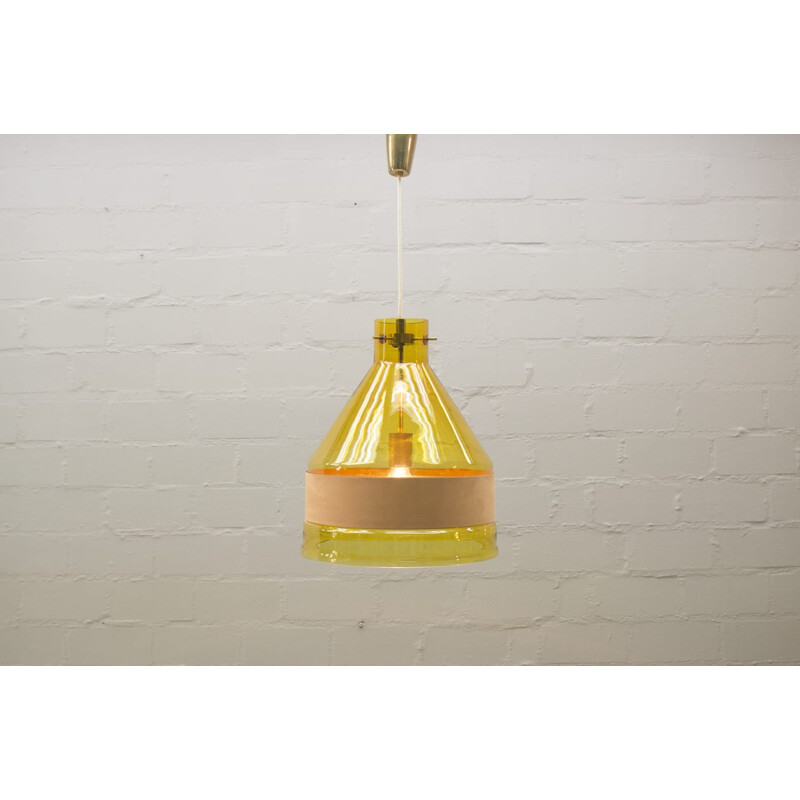 Vintage Yellow Glass Pendant Lamp with Leather Belts, Kalmar - 1950s