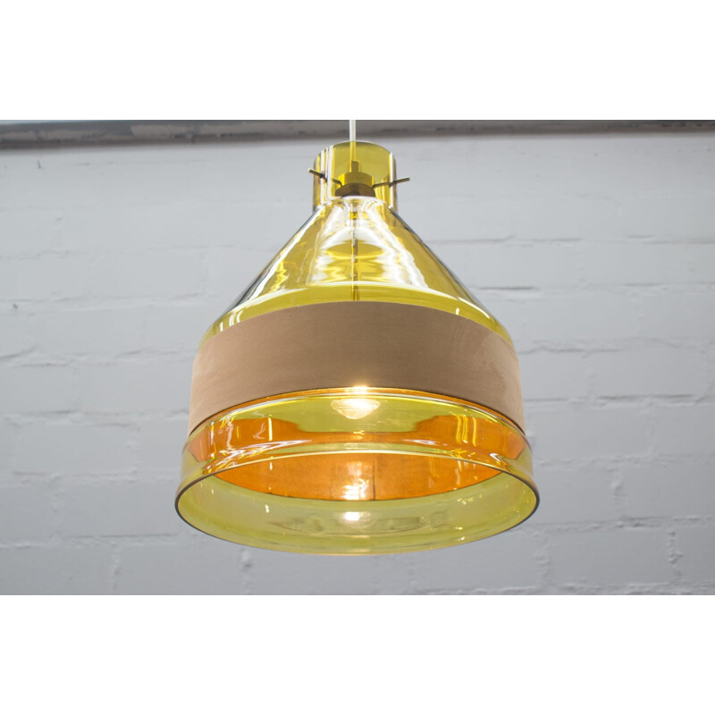 Vintage Yellow Glass Pendant Lamp with Leather Belts, Kalmar - 1950s