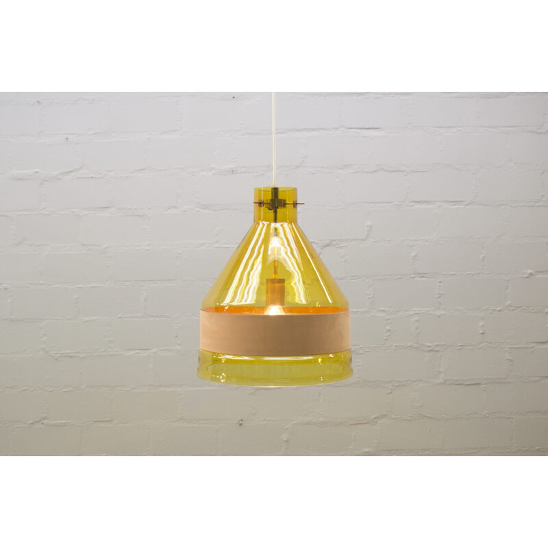 Vintage Yellow Glass Pendant Lamp with Leather Belts, Kalmar - 1950s