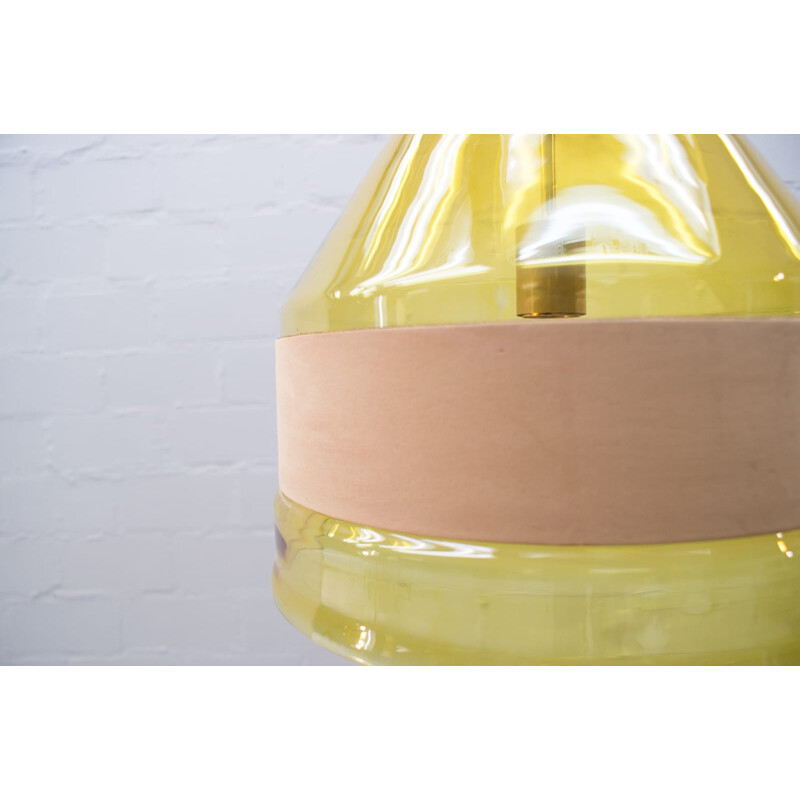 Vintage Yellow Glass Pendant Lamp with Leather Belts, Kalmar - 1950s