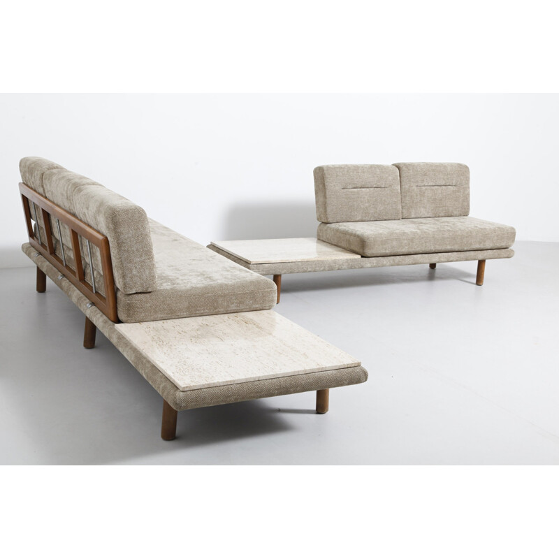 5 seaters sofa set in travertine, wood and fabric, Franz KOTTGEN - 1960s