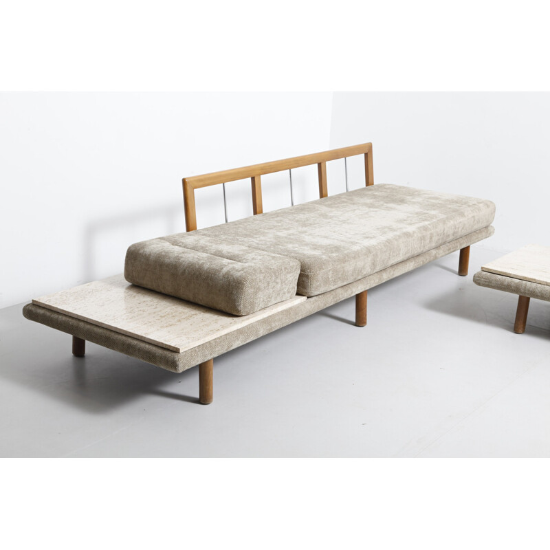 5 seaters sofa set in travertine, wood and fabric, Franz KOTTGEN - 1960s