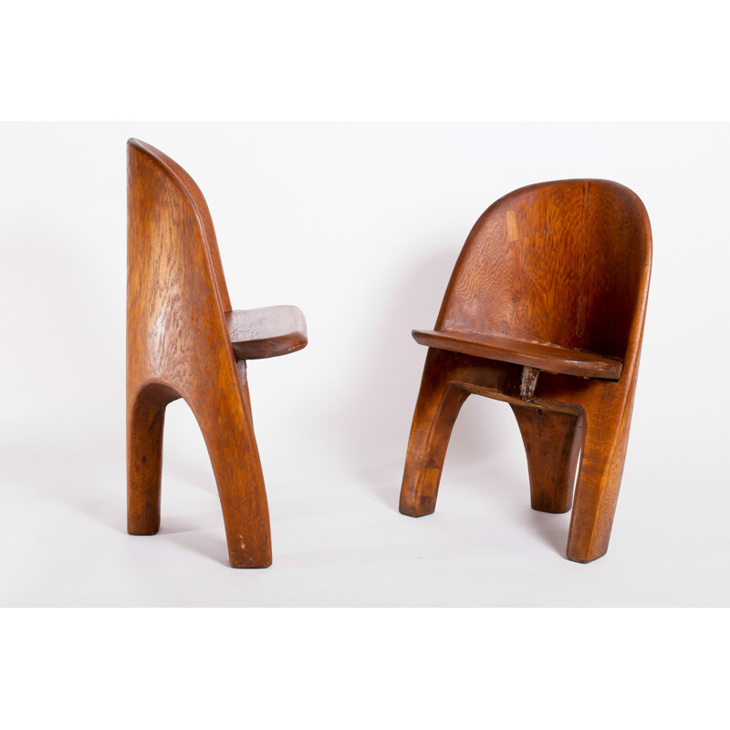 Pair of brutalist massive oak chairs - 1970s