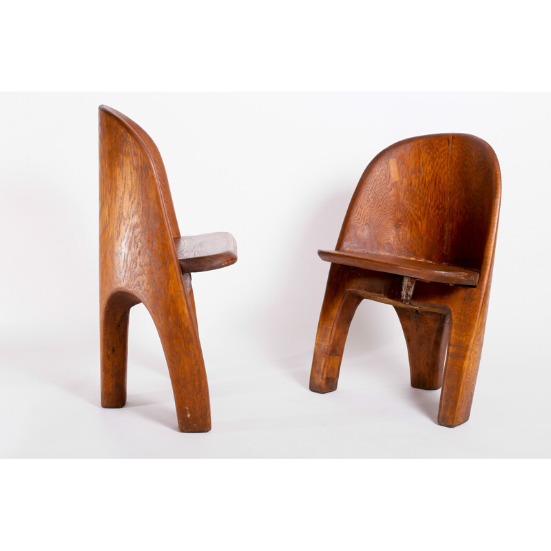 Pair of brutalist massive oak chairs - 1970s