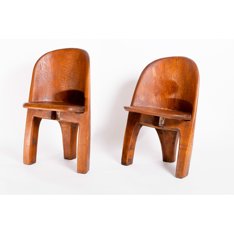 Pair of brutalist massive oak chairs - 1970s