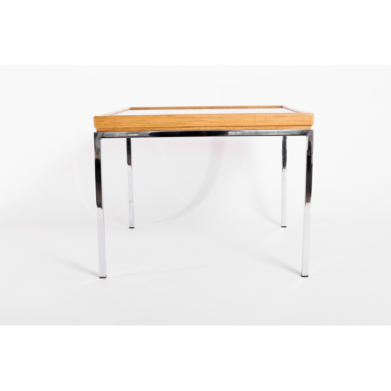 Table basse vintage design en bois, verre et acier - 1970