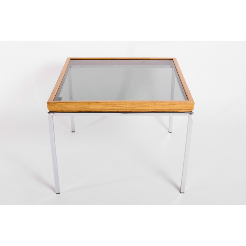 Table basse vintage design en bois, verre et acier - 1970