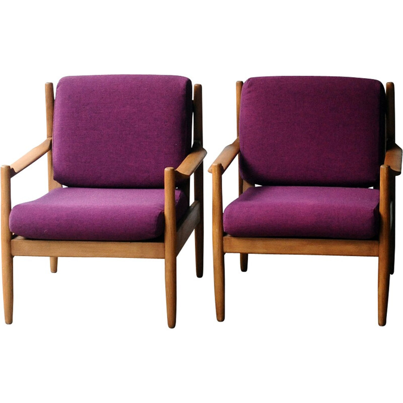 Pair of purple teak Scandinavian armchairs - 1960s