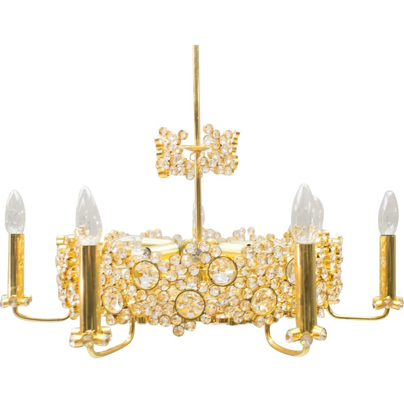 Large Gilt Bronze & Crystal Glass Chandelier for Palwa - 1970s