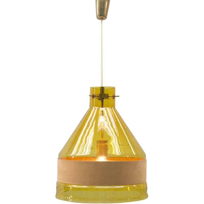 Lámpara colgante vintage de vidrio amarillo y cinturón de cuero, Kalmar - 1950