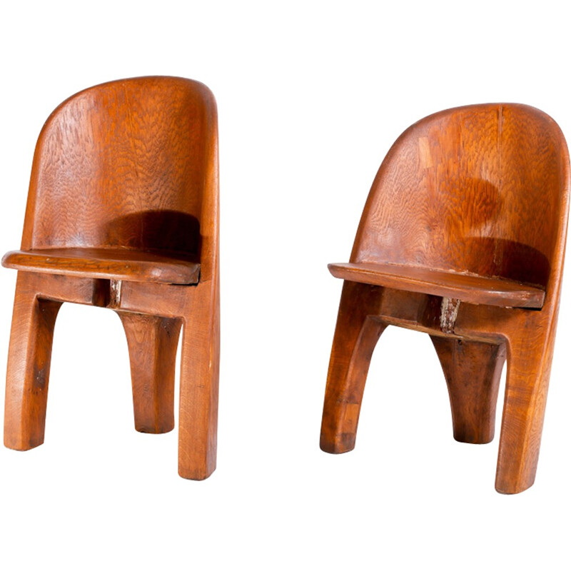 Pair of brutalist massive oak chairs - 1970s