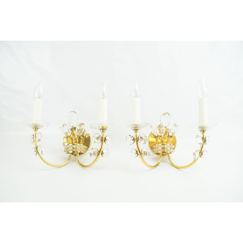 Set of 2 Golden Crystal Sconces - 1960s