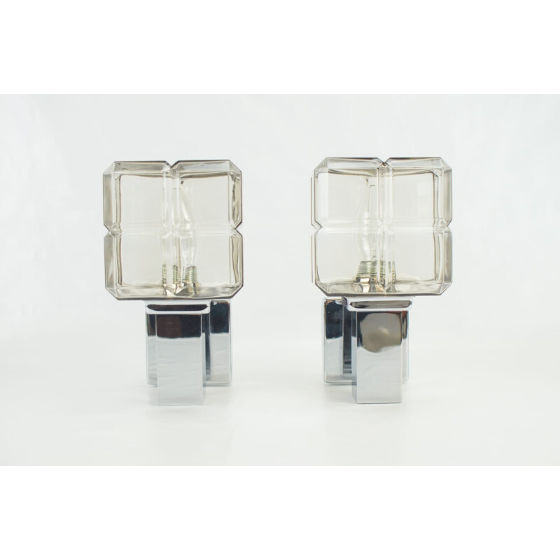 Paar wandlampen in chroom en glas van Hillebrand - 1970