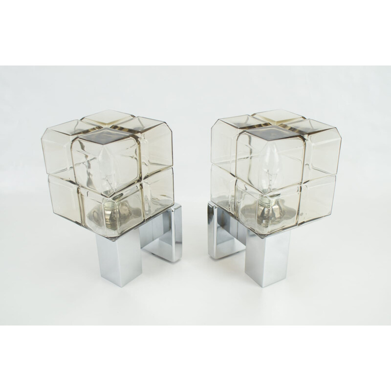 Set of 2 Cubic Chrome & Glass Wall Lights from Hillebrand - 1970s