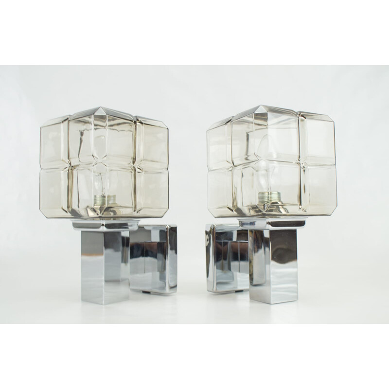 Set of 2 Cubic Chrome & Glass Wall Lights from Hillebrand - 1970s