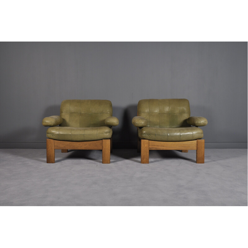 Set of 2 Green Leather Armchairs for Leolux - 1970s