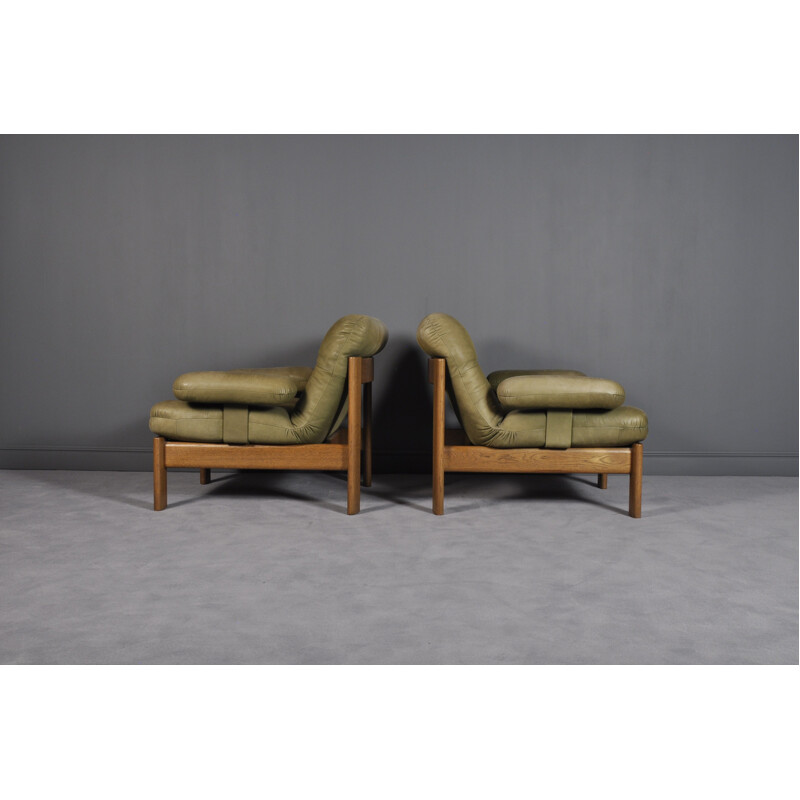 Set of 2 Green Leather Armchairs for Leolux - 1970s