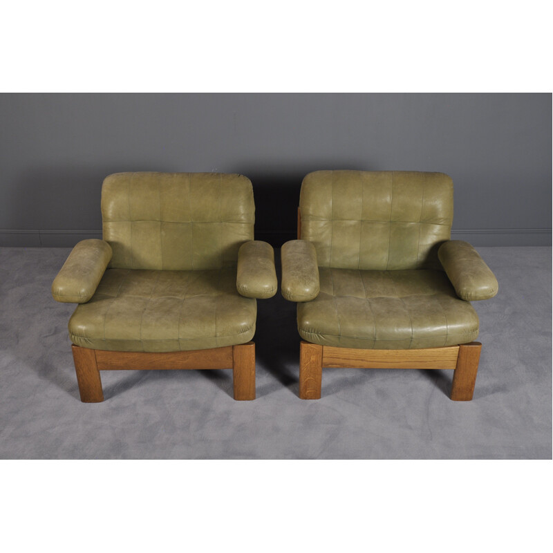 Set of 2 Green Leather Armchairs for Leolux - 1970s