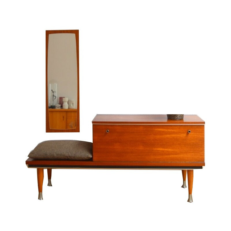 Petit meuble d'appoint en bois avec miroir - 1960