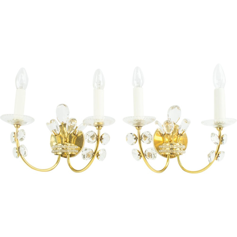 Set of 2 Golden Crystal Sconces - 1960s