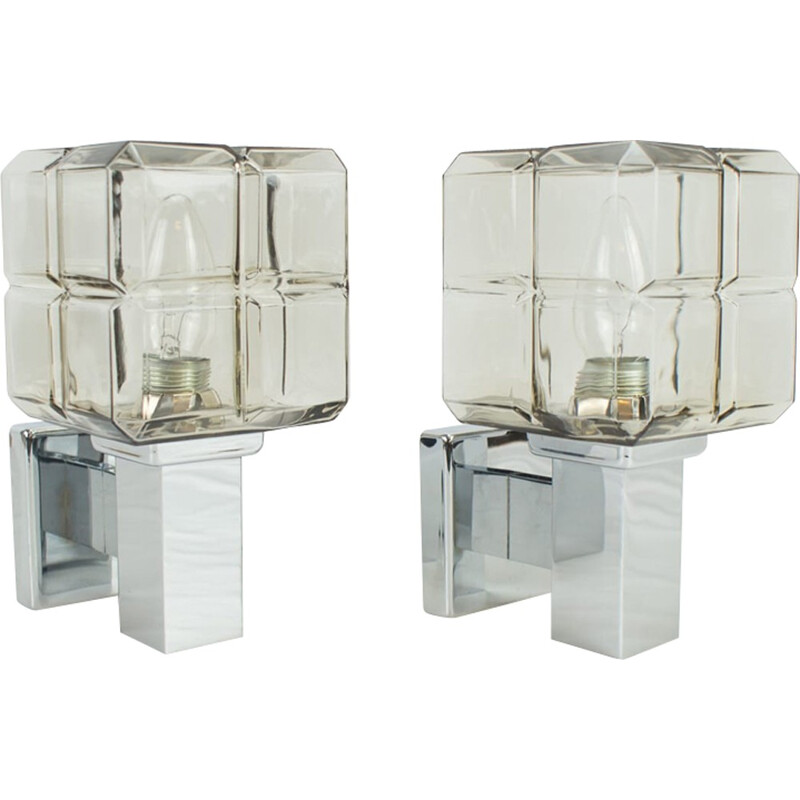 Set of 2 Cubic Chrome & Glass Wall Lights from Hillebrand - 1970s