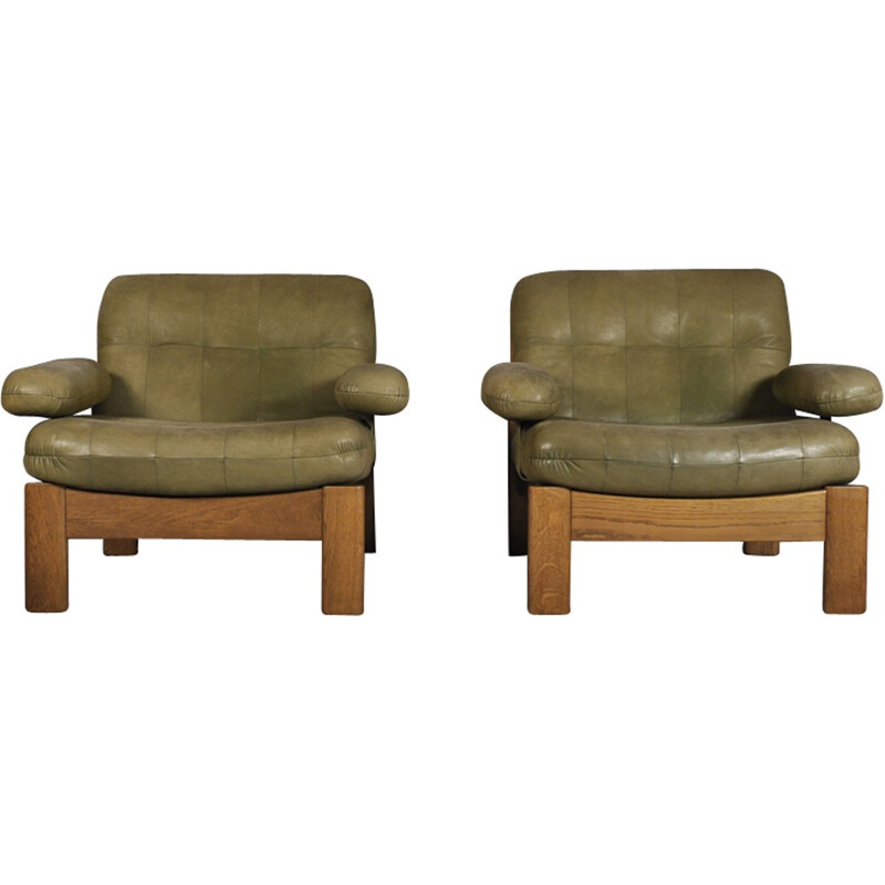 Set of 2 Green Leather Armchairs for Leolux - 1970s