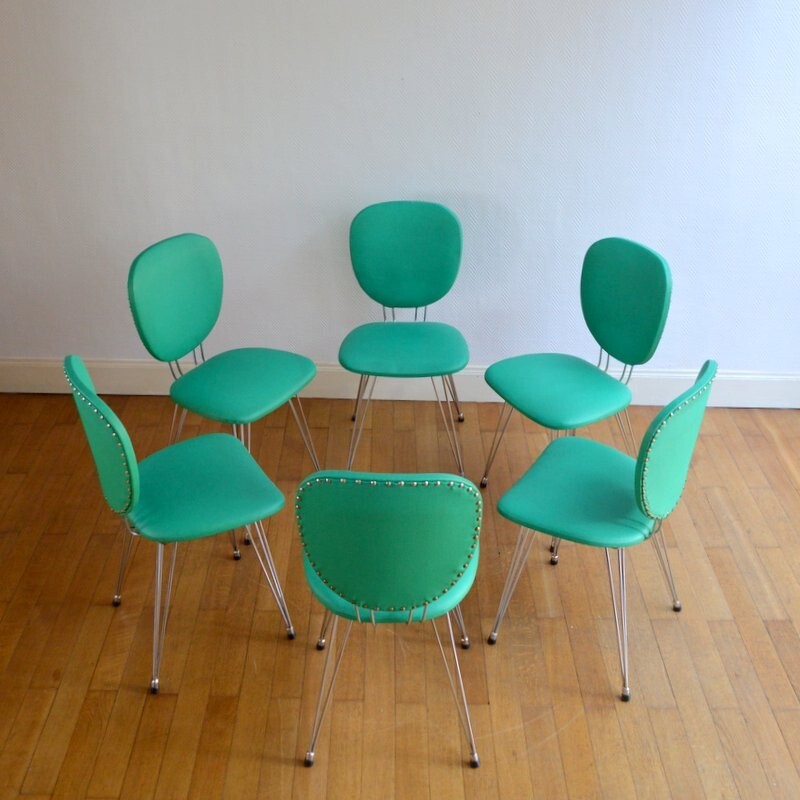 Suite de 6 chaises vintage en métal et skaï vert - 1950