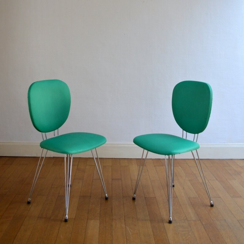 Set of 6 vintage chairs in metal and green leatherette - 1950s