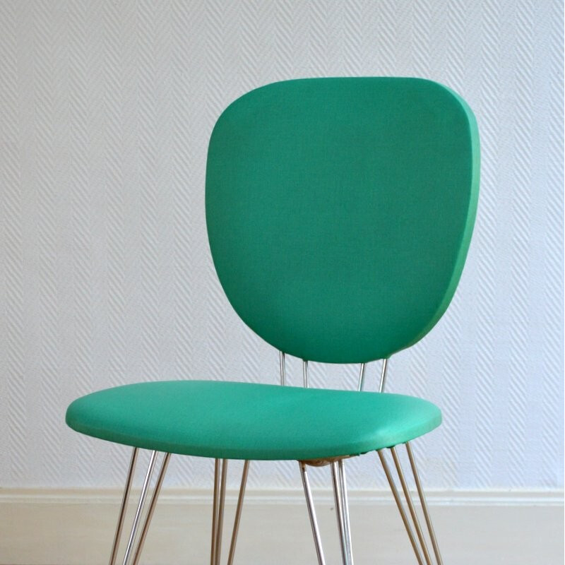 Set of 6 vintage chairs in metal and green leatherette - 1950s