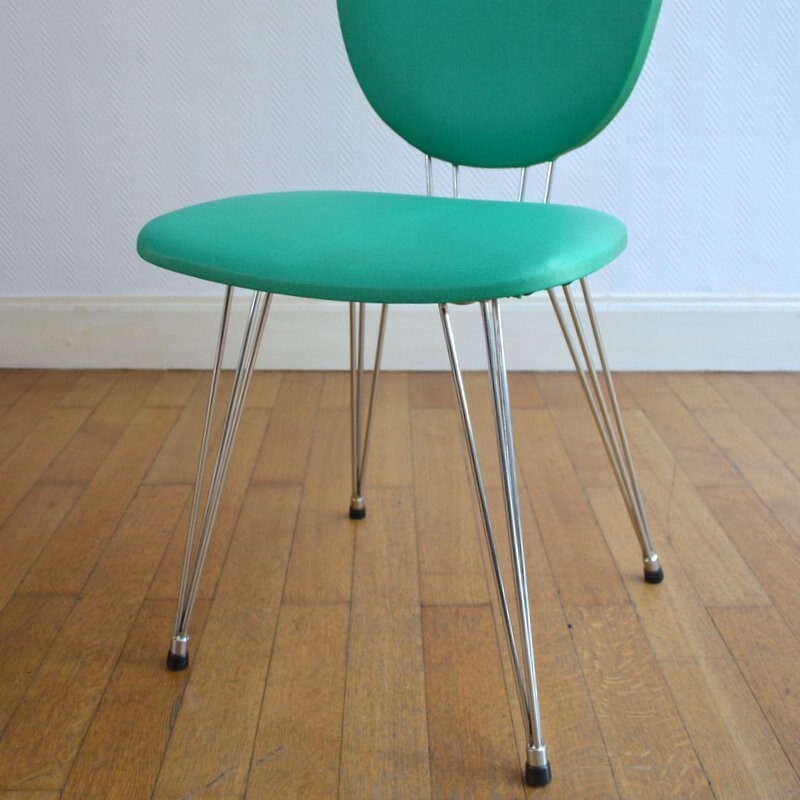 Set of 6 vintage chairs in metal and green leatherette - 1950s