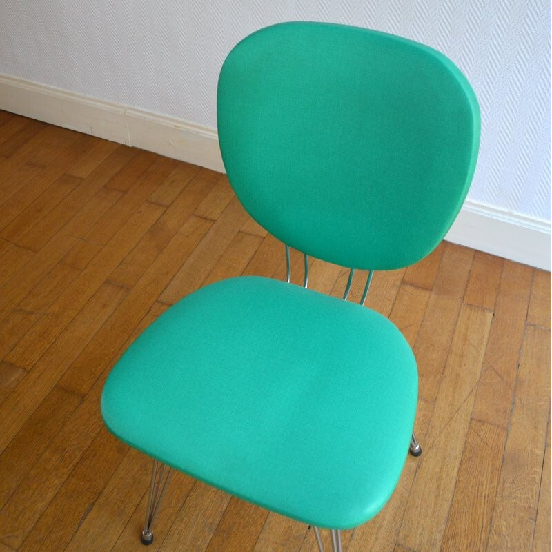 Suite de 6 chaises vintage en métal et skaï vert - 1950