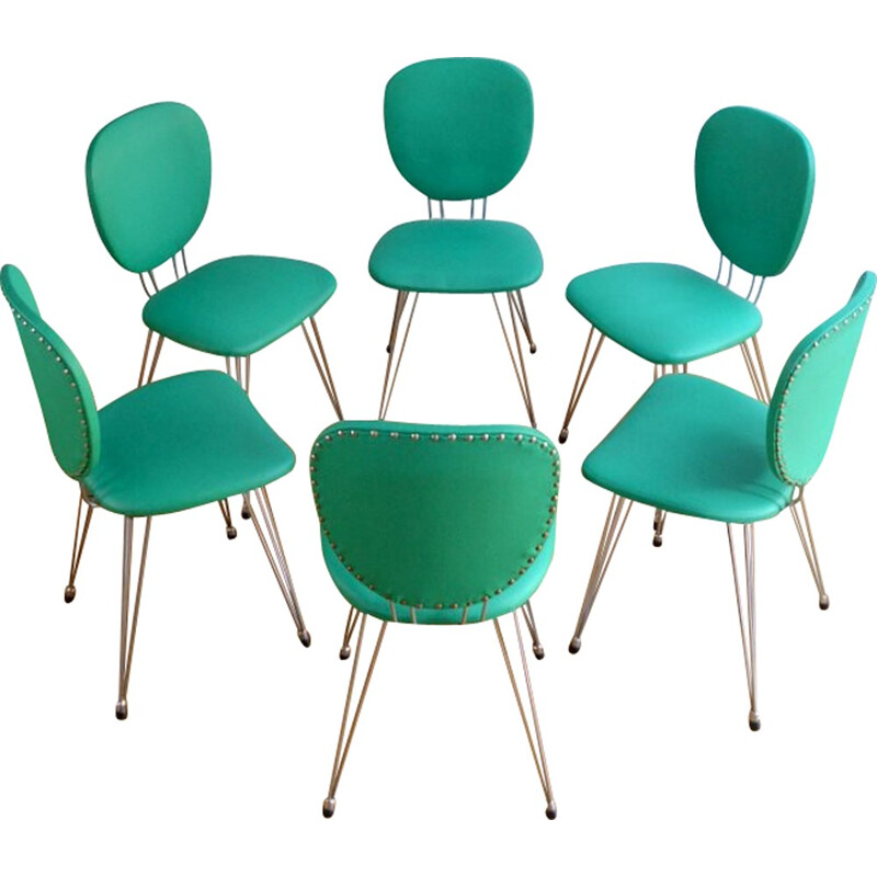 Suite de 6 chaises vintage en métal et skaï vert - 1950