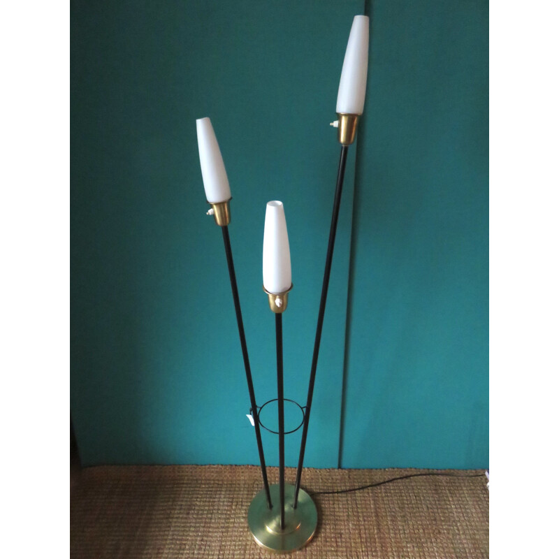 Brass and metal opaline glasses floor lamp, France - 1950s